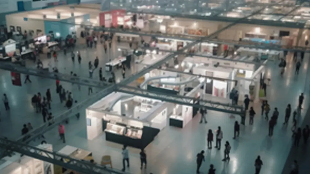 Allées d'un salon professionnel avec stands et visiteurs, la capacité d'accueil étant un critère clé dans le choix du lieu